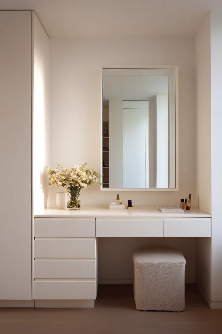 Minimalist white built-in makeup vanity with flat-panel handleless drawers, a tall rectangular frameless mirror, and a textured beige square pouf, decorated with a simple vase of white flowers.