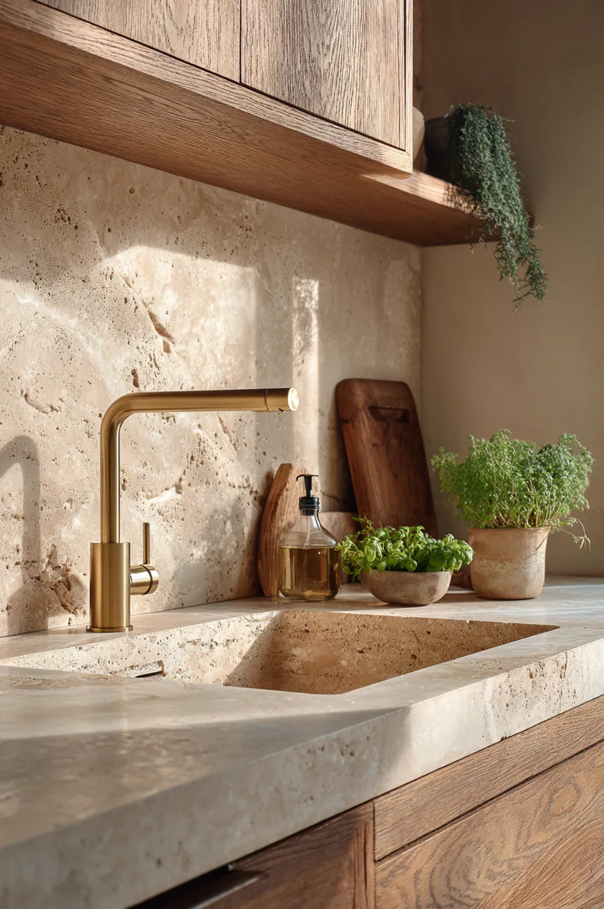 White fireclay farmhouse sink with a polished brass bridge faucet set into white marble countertops, featuring an open drawer with custom wooden dividers organizing towels and cleaning supplies.