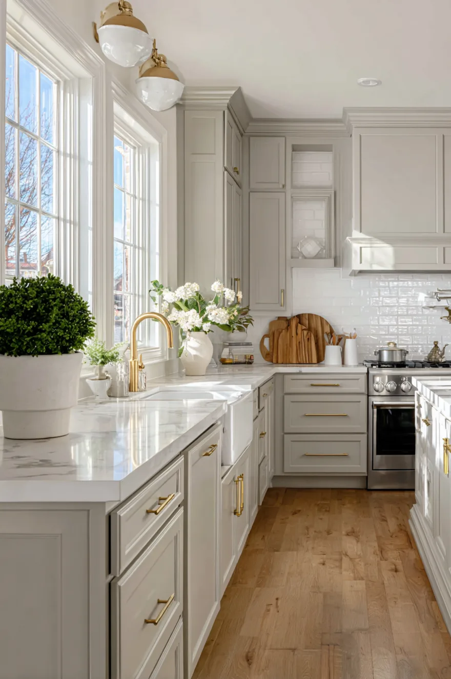 Warm greige painted kitchen cabinets with gold hardware, a white apron sink, white marble countertops, and a glossy white subway tile backsplash in a bright kitchen with a large window and wood floors.