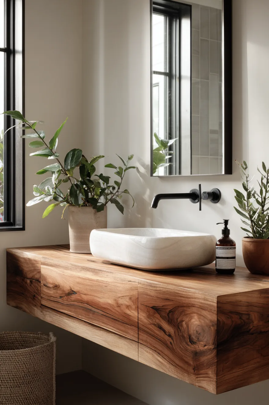 A rustic bathroom vanity counter made of rough reclaimed wood holds two white oval vessel sinks with matte black faucets, backed by sage green zellige wall tiles and a simple black-framed mirror.