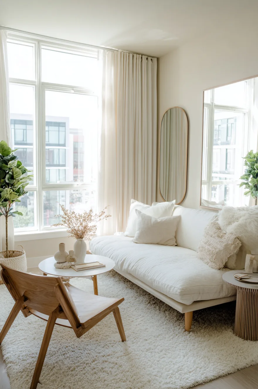 Small living room with a light colored sofa on wood legs, a low small round wood coffee table on a textured rug, and open floating wood shelves on a white wall.