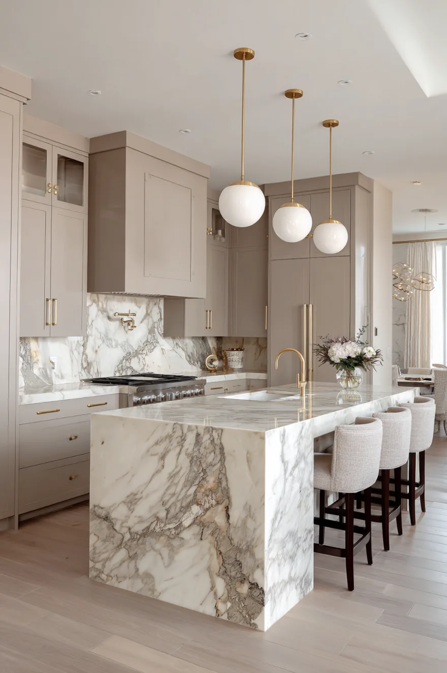 A modern flat-panel taupe kitchen island featuring a thick white marble countertop with prominent grey veining that cascades down the side in a waterfall edge.