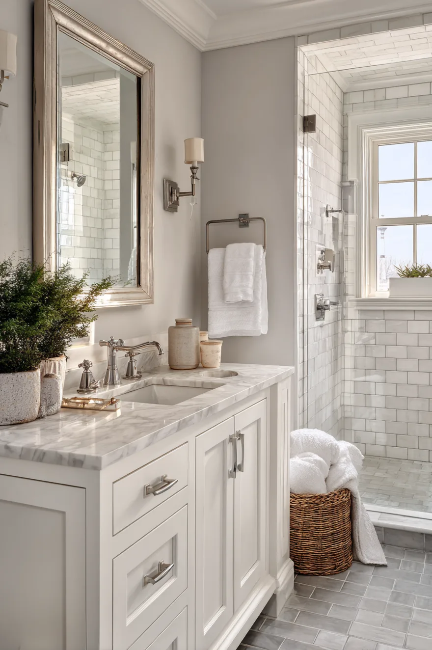 Bright and airy bathroom with natural light, featuring large format white floor tiles with grey marble look veining next to a freestanding bathtub and a light wood vanity near a window with sheer white curtains.