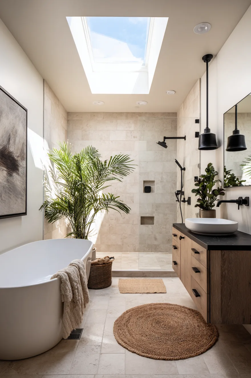 A view into a bright modern bathroom with a doorless walk in shower flooded with natural light from a large skylight overhead featuring light grey stone ledger wall tiles and black hardware.
