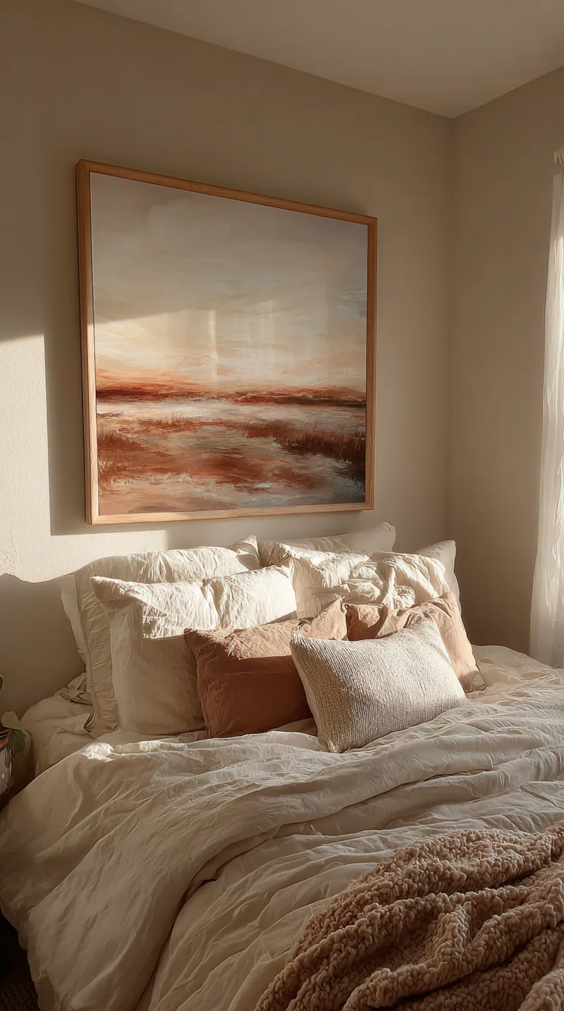 Large framed abstract landscape painting with warm sunset colors hanging above a bed with neutral pillows.