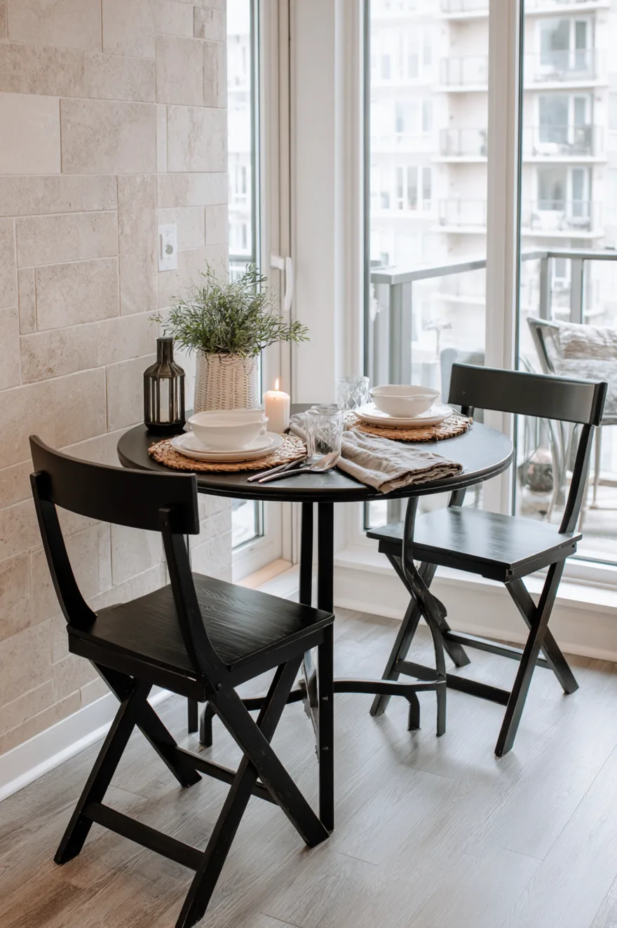Foldable solid-wood bistro chairs in matte black finish at a small round table with a peel-and-stick stone-look tile wall and one chair stacked flat against the wall.