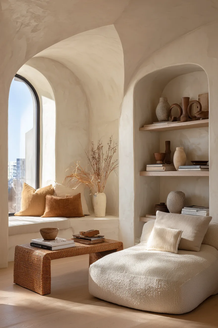 Curved-front floating shelves in a warm limewash plaster finish inside an arched wall niche holding handmade ceramics, wabi-sabi wood and stone objects, and dried botanical stems with a boucle sofa nearby.