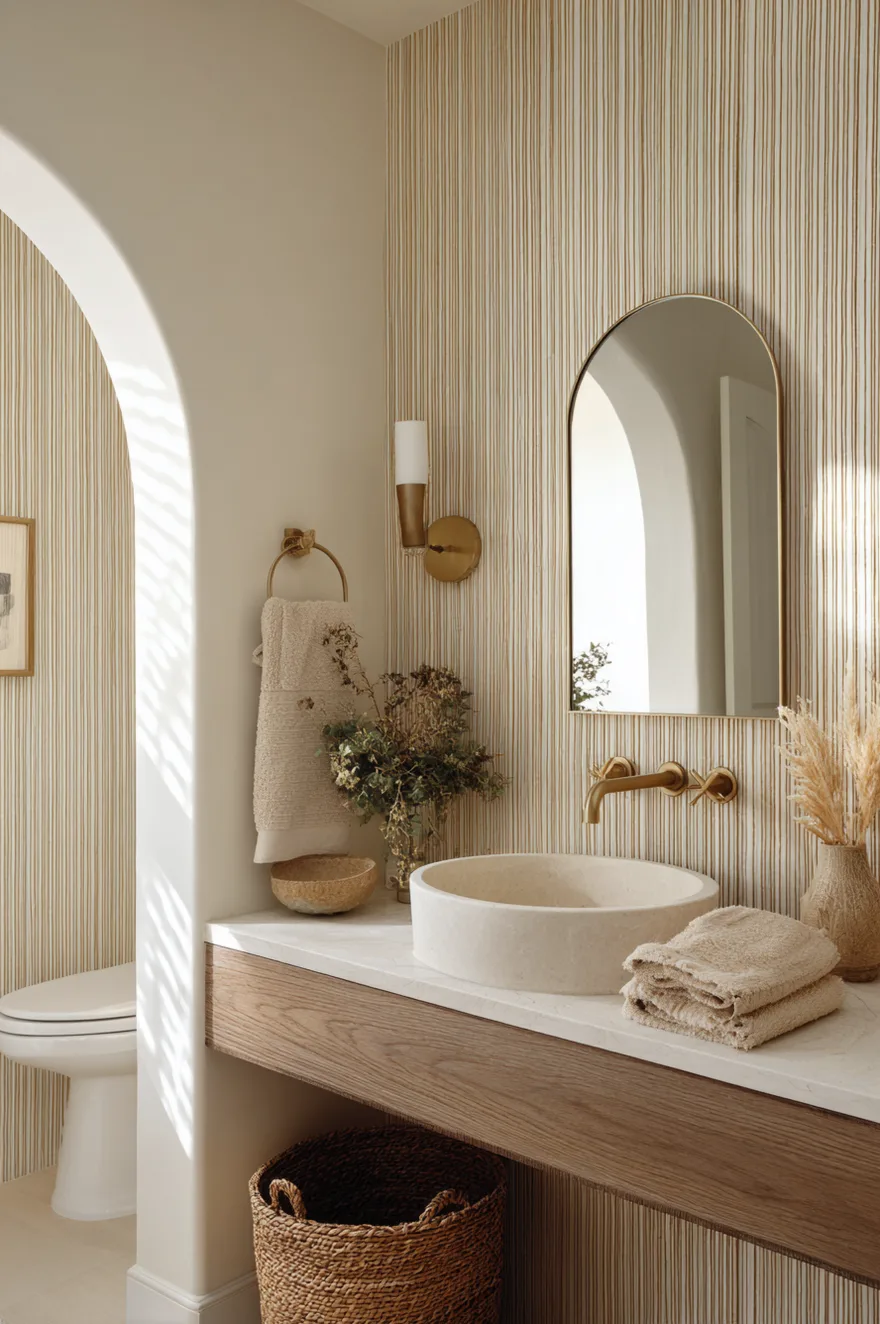 Modern powder room with an oval sink on a curved floating vanity, arched mirror, circular matte brass wall sconce, and curved fluted tile accent wall in warm cream.