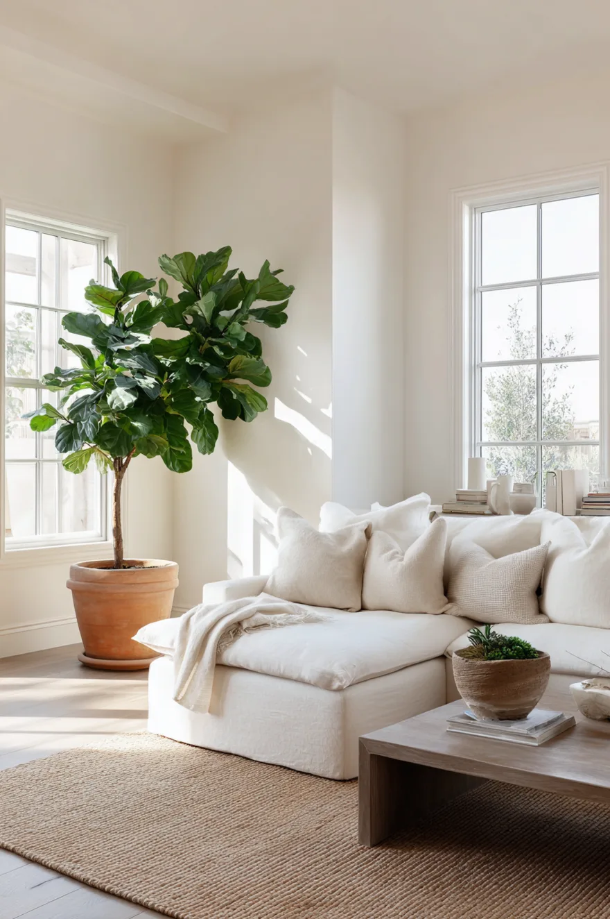 Minimalist living room with a large fiddle leaf fig tree in a plain terracotta pot as the only decor in a bare corner, low cream linen sofa, walnut coffee table, and bare white walls with zero artwork.