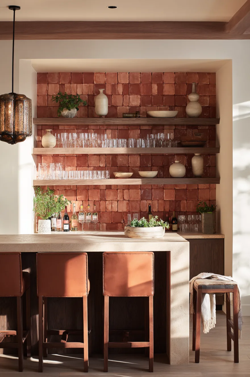 Basement bar with handmade terracotta tile covering the surround floor to ceiling, floating wood shelves with glassware, leather bar stools, and a pendant light above the counter.