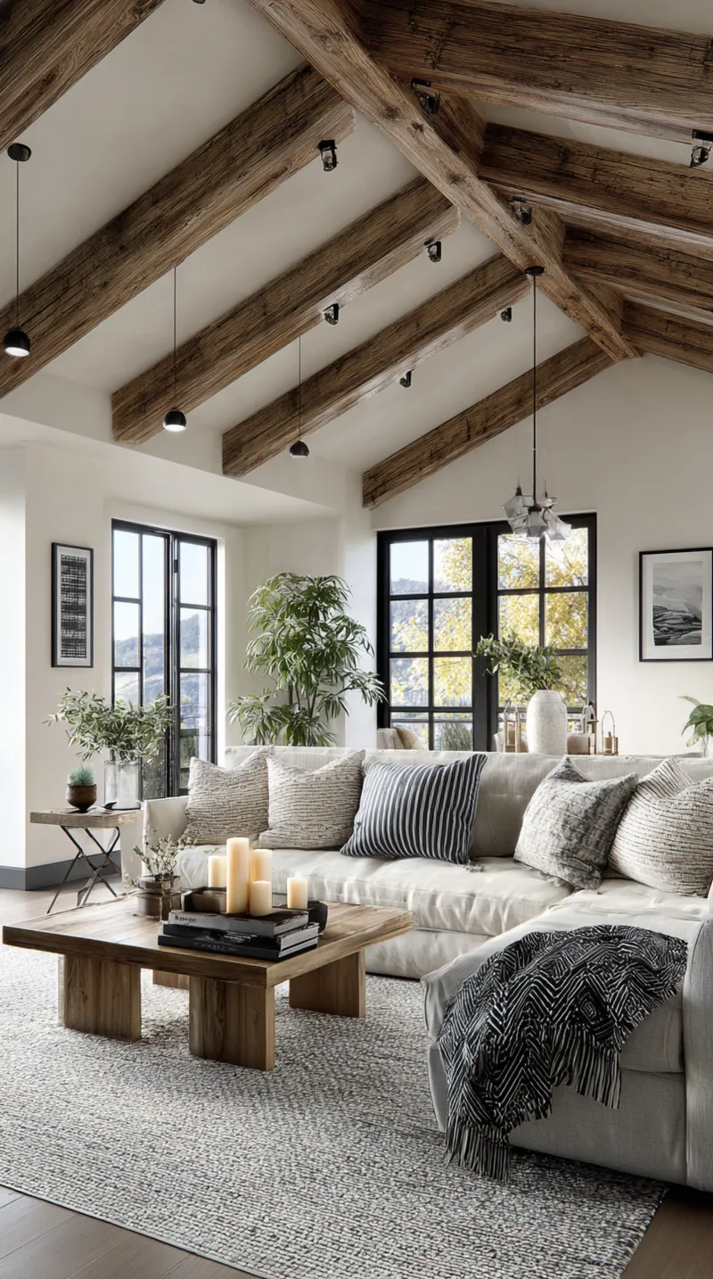 Rustic modern living room with exposed wood beams highlighted by hidden uplighting and warm recessed lights.
