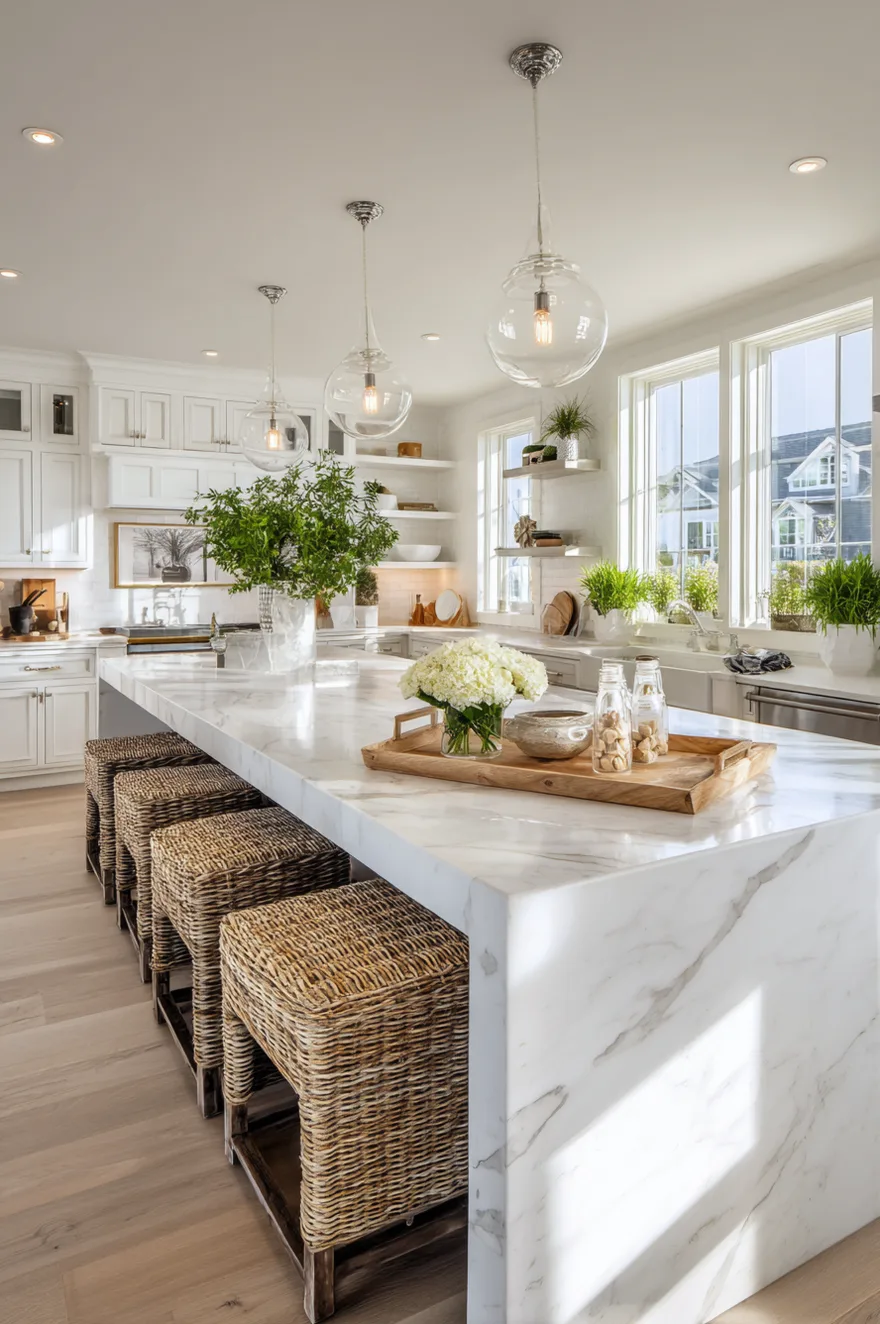Massive white marble kitchen island with multiple styled zones, featuring a large wooden tray with candles on one end, a large marble pastry board with a rolling pin in the center, and black wooden bar stools on the opposite side.