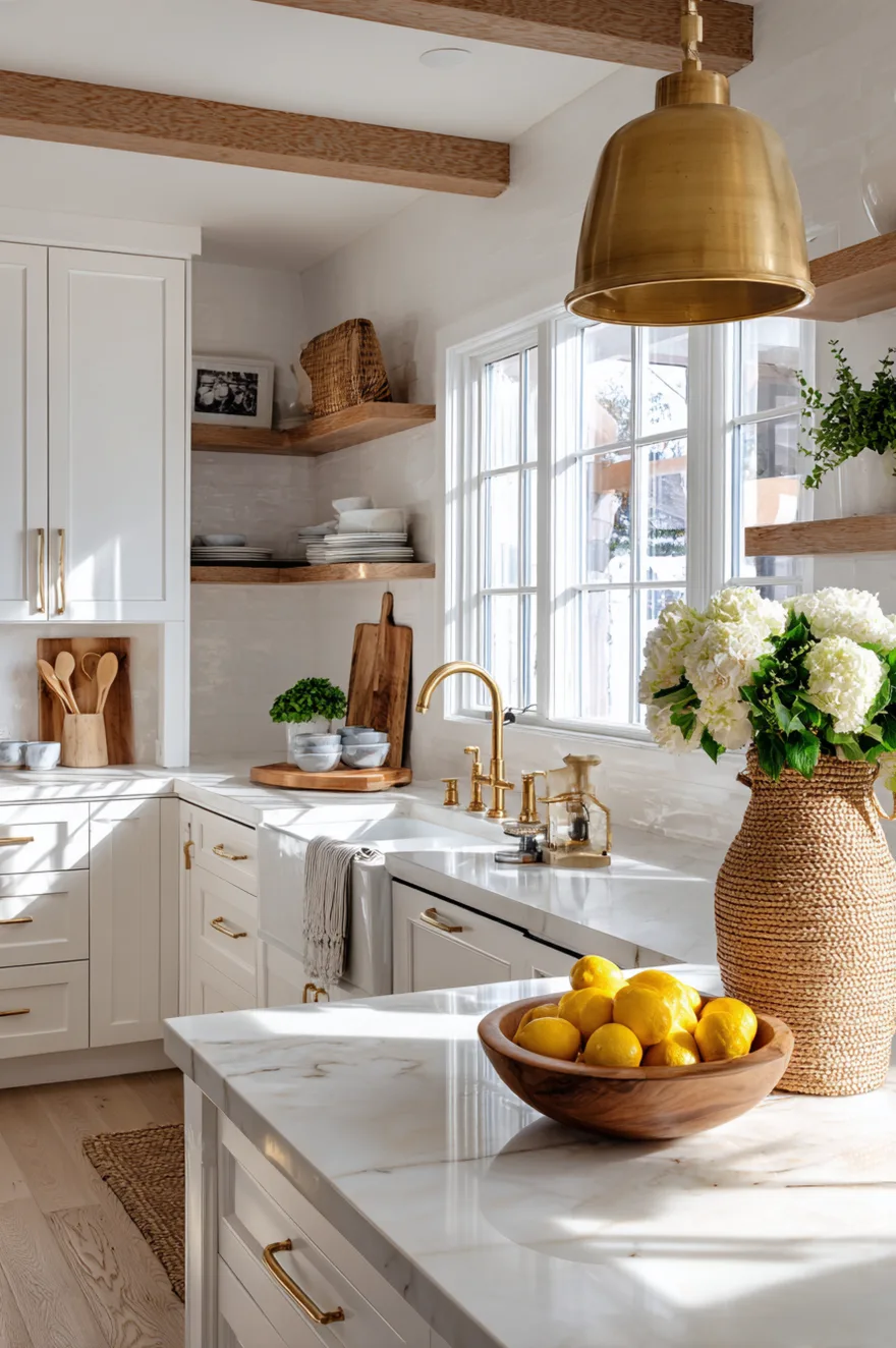 Bright white kitchen featuring a brass dome pendant light, a large woven basket holding white hydrangeas, white marble countertops, a farmhouse sink, and corner wood floating shelves.