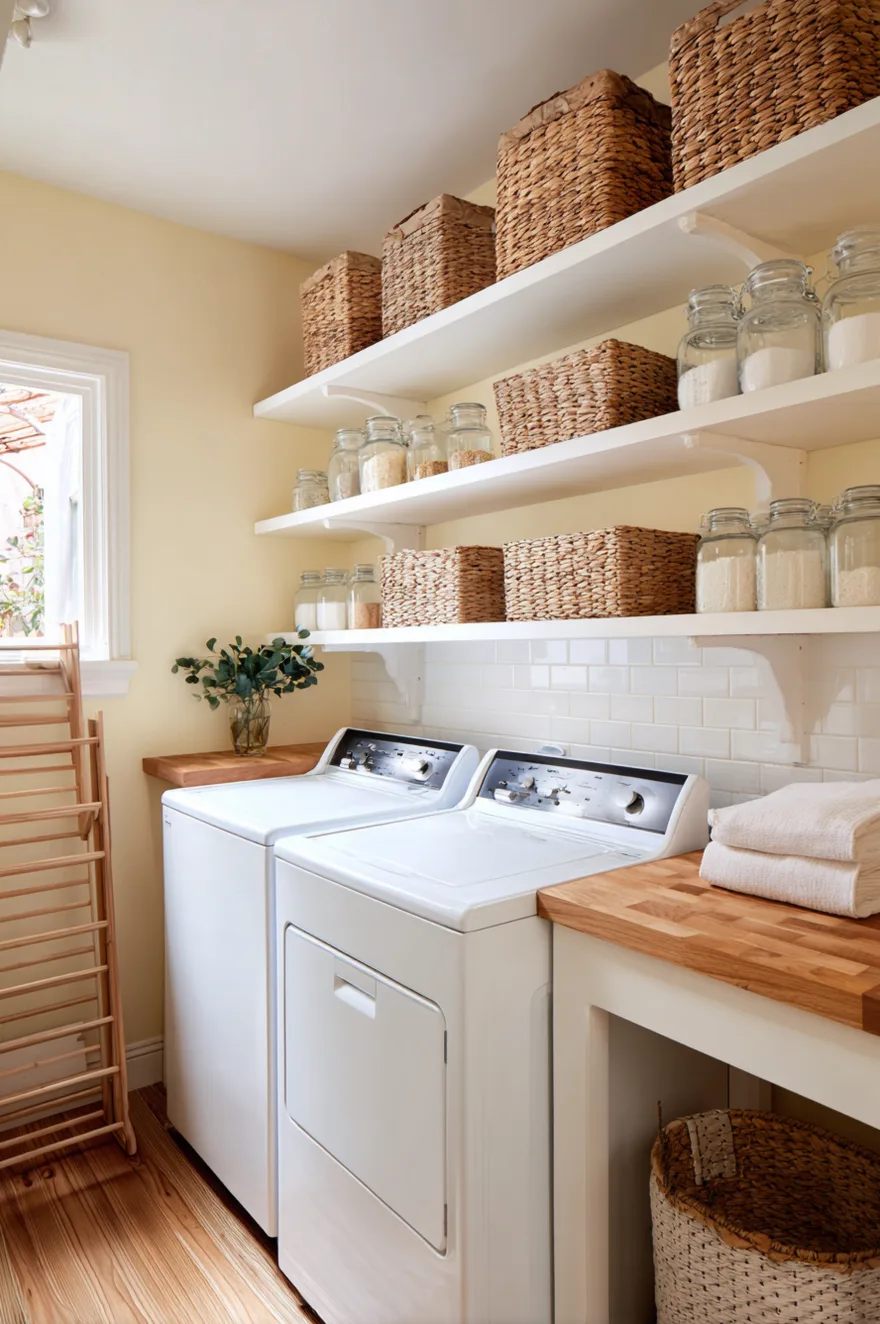 Top loading washing machine in a small laundry room with shelving installed above instead of a countertop.