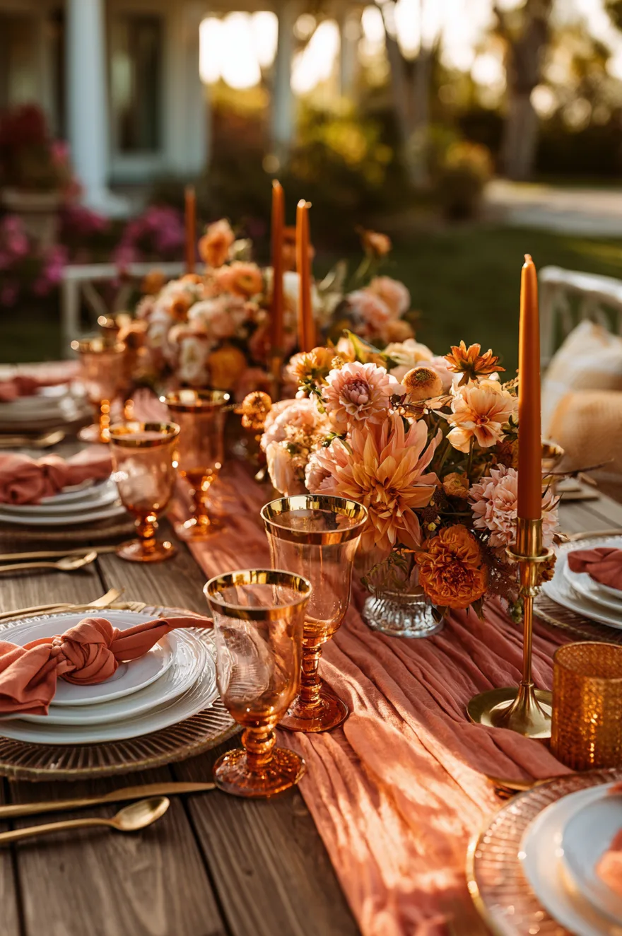 Outdoor table setting glowing with candlelight, featuring coral-colored linen napkins, warm peach floral arrangements, and gold-rimmed glassware.