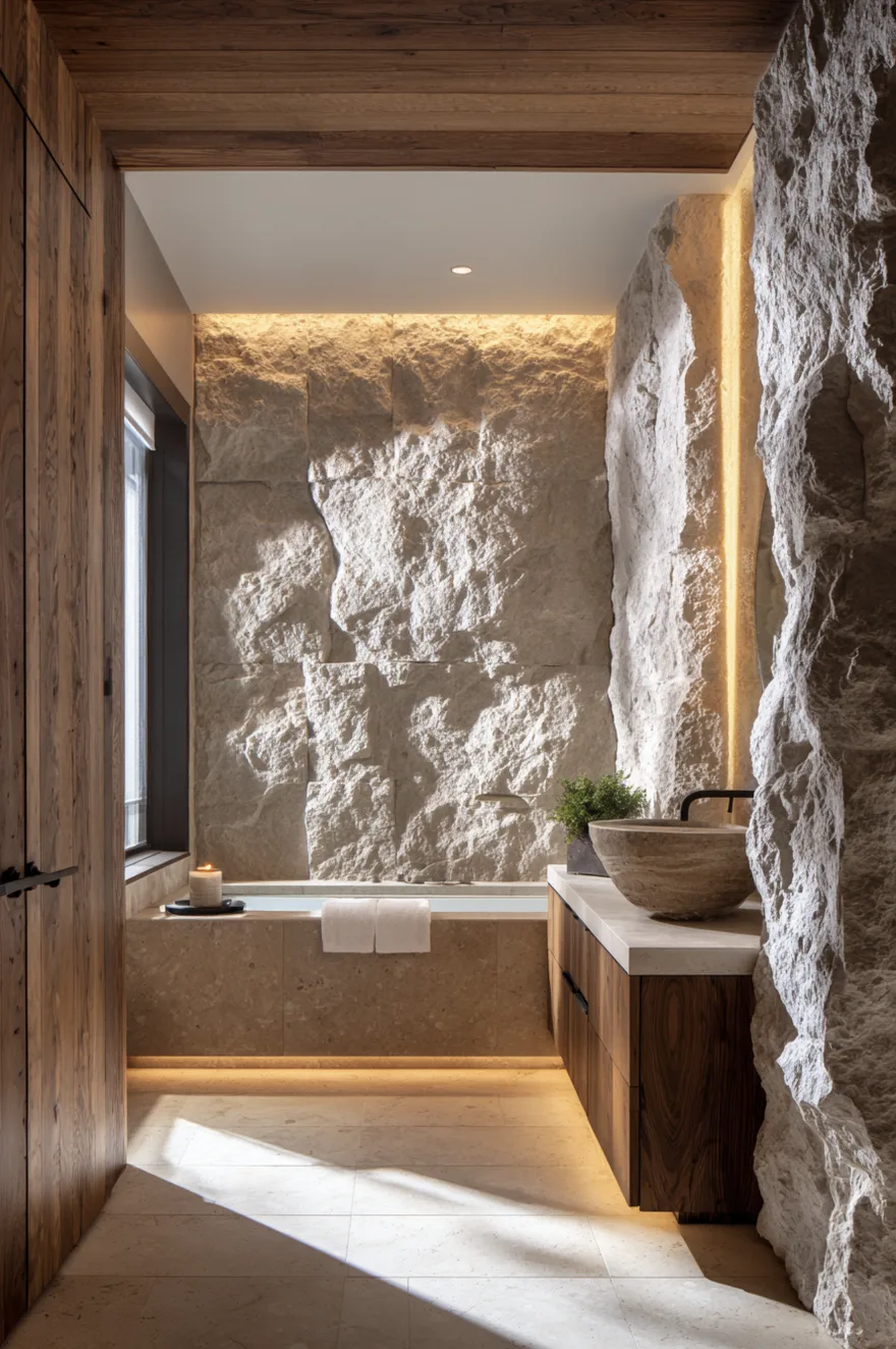 A luxurious primary bathroom showcasing a massive rough cut textured stone feature wall illuminated by warm LED strip lighting behind a built in bathtub and a wood vanity.