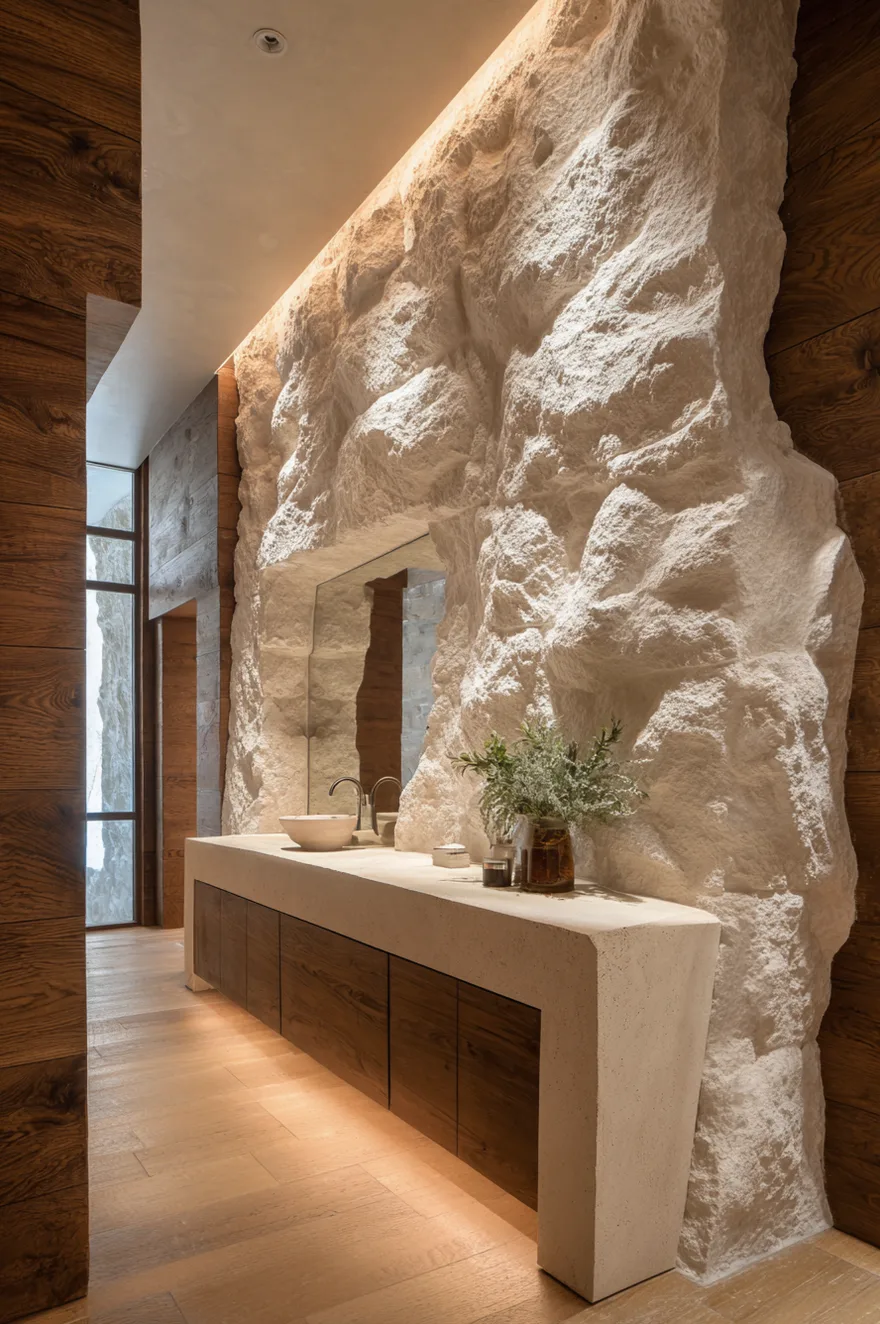 A bathroom featuring a large textured white stone accent wall that surrounds a built in mirror above a long floating vanity with a thick white countertop and dark wood cabinets.