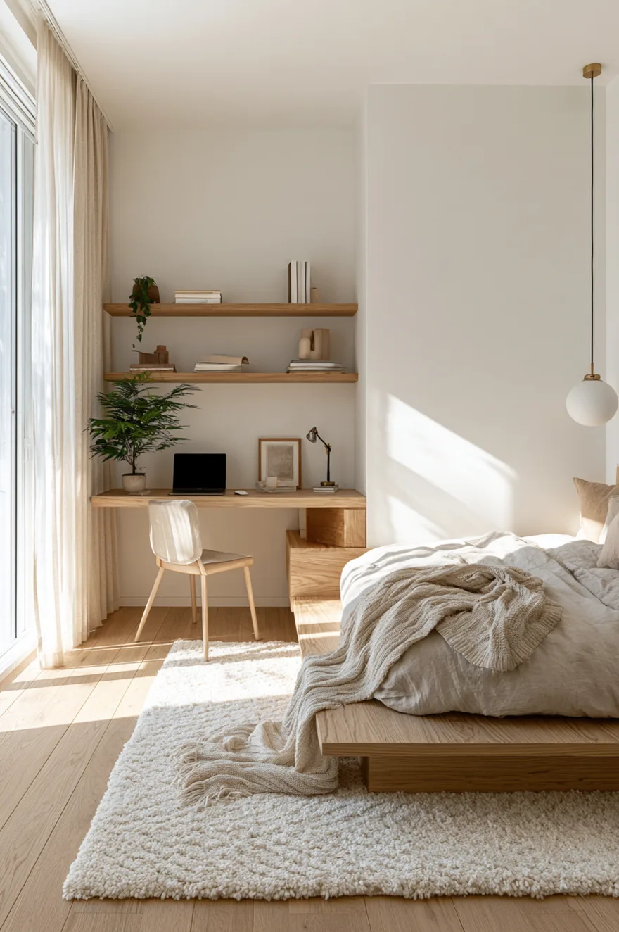 Sunlit bedroom with an integrated floating wood desk corner featuring a laptop, floating shelves, a plush high-pile white area rug, and a low platform bed with beige linen.