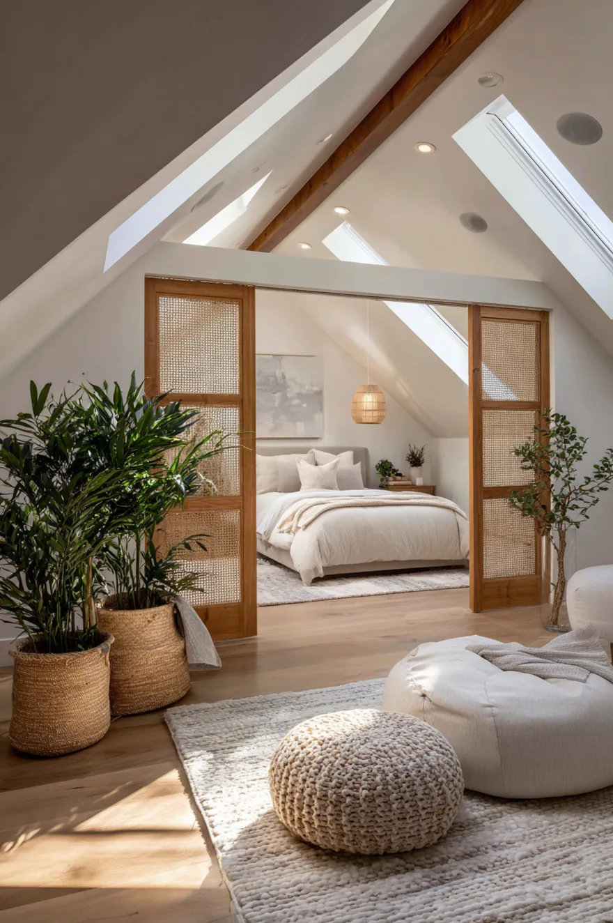 A spacious attic suite featuring sliding wood and rattan doors that separate a bright sitting area from the main bedroom. The space has a vaulted ceiling with skylights, exposed wooden beams, and large potted plants in woven baskets.