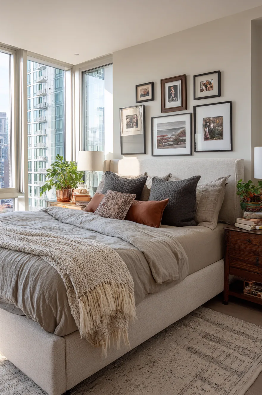 Bedrooms ideas for couples showing a gallery shelf with framed travel photos and meaningful personal mementos.
