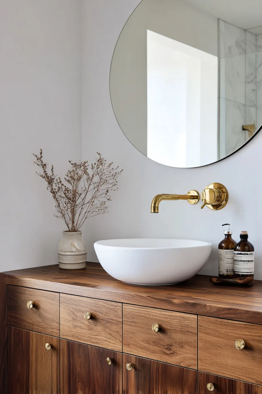 A close-up view of a white undermount sink with a widespread unlacquered brass faucet featuring a high spout and levers, set against a beige zellige tile wall.