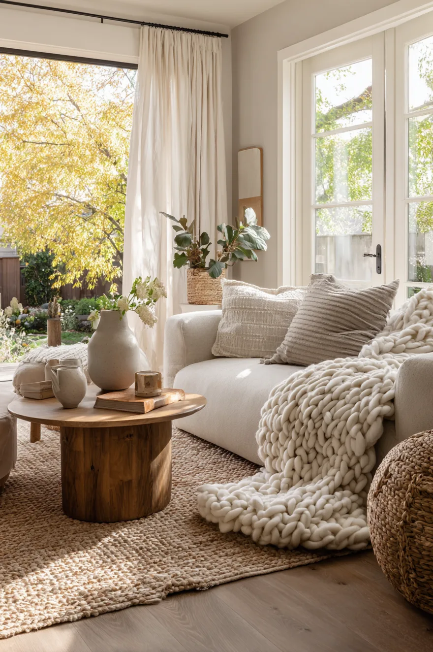 Close-up view of a chunky knit oatmeal colored throw blanket draped over the arm of a textured neutral armchair next to a wood side table with a ceramic mug.