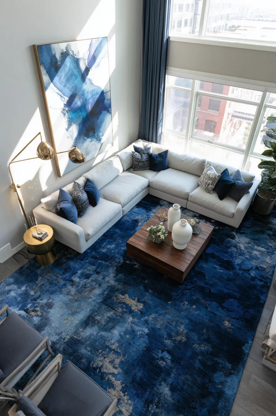 An aerial view of a tall living room featuring a large white sectional and a dark wood coffee table anchored by a dramatic dark navy blue and charcoal mottled area rug.