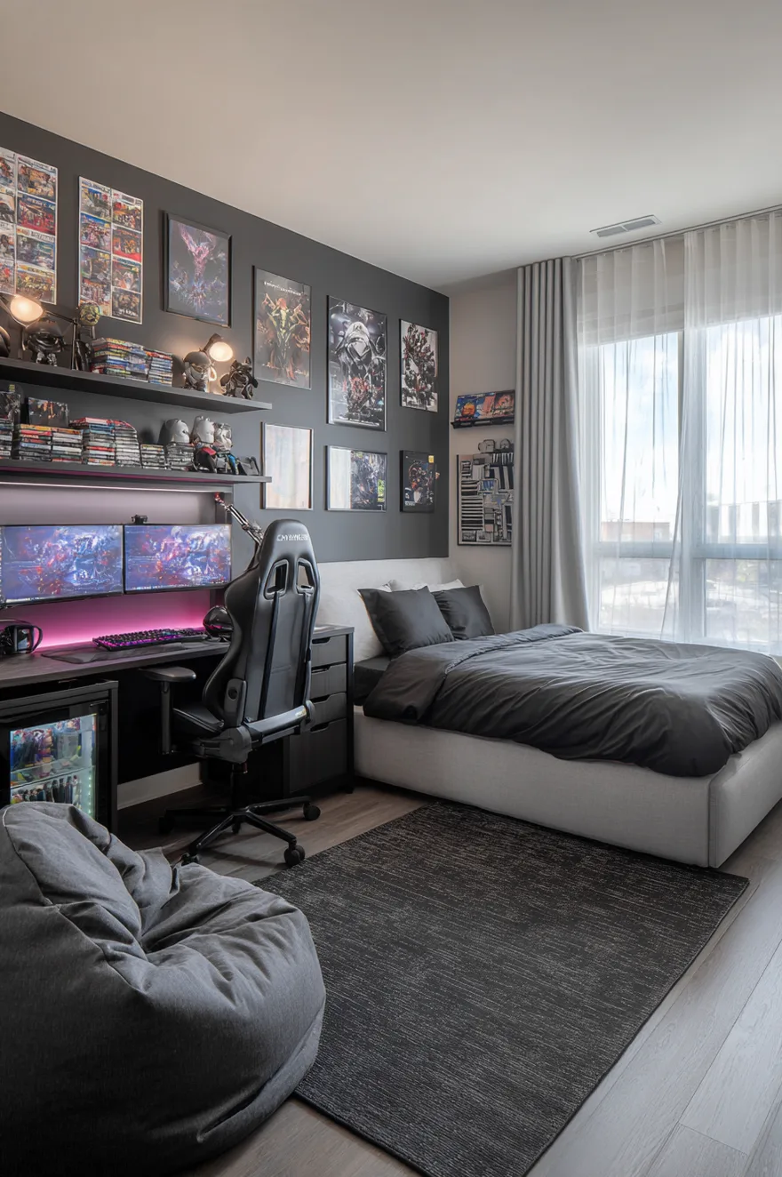 Boys bedroom with dark charcoal walls featuring a dedicated black gaming desk with dual monitors and pink LED backlighting, a black gaming chair, a grey bed with black bedding, and a gallery wall of framed gaming posters.