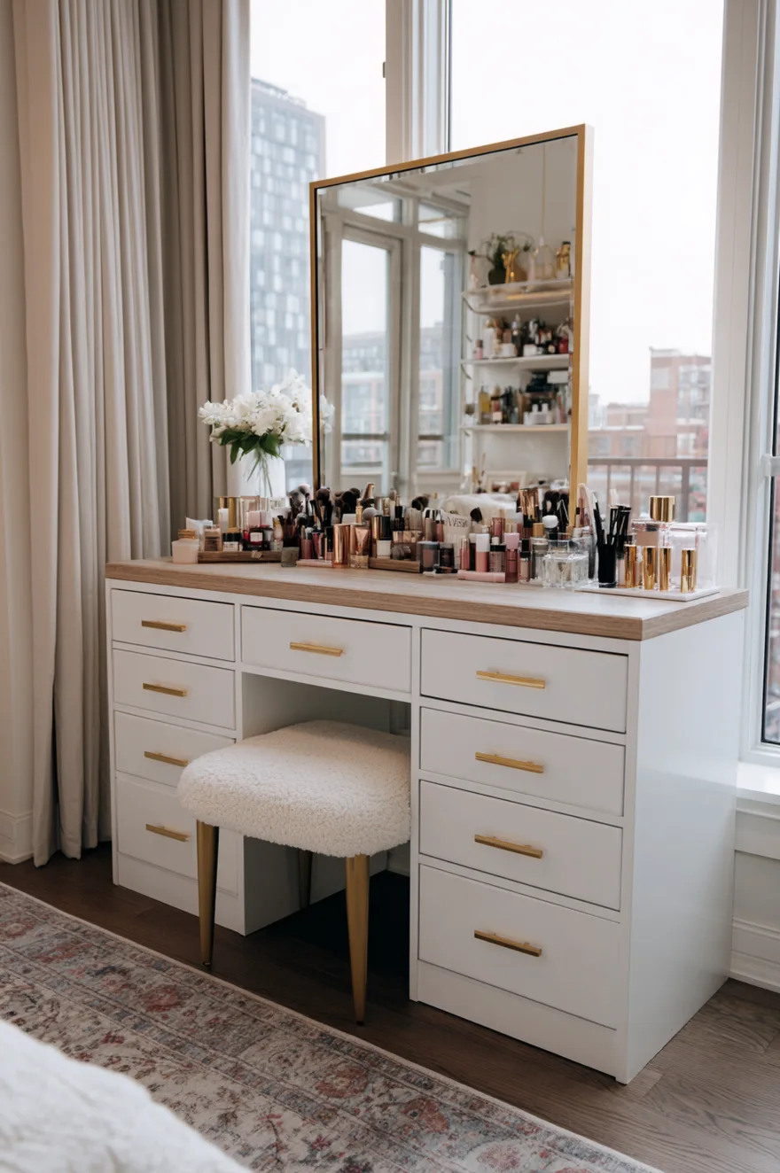 Custom white makeup vanity made from drawer units with a light wood top and added gold hardware, paired with a white faux-fur stool on gold legs and a large brass-framed mirror reflecting a cityscape.