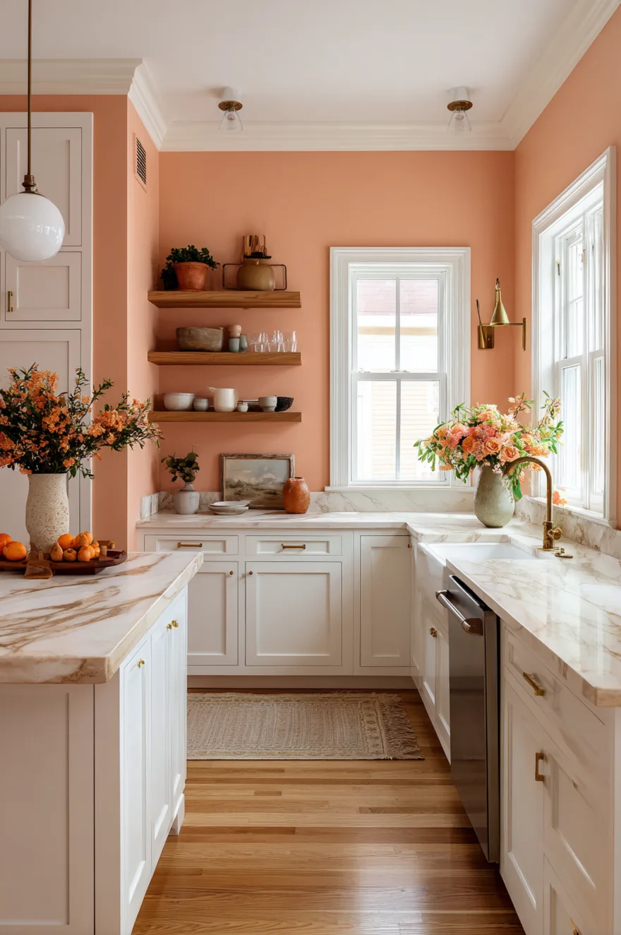 Inviting kitchen with peach undertone walls, warm wood island, and copper pendant lights.