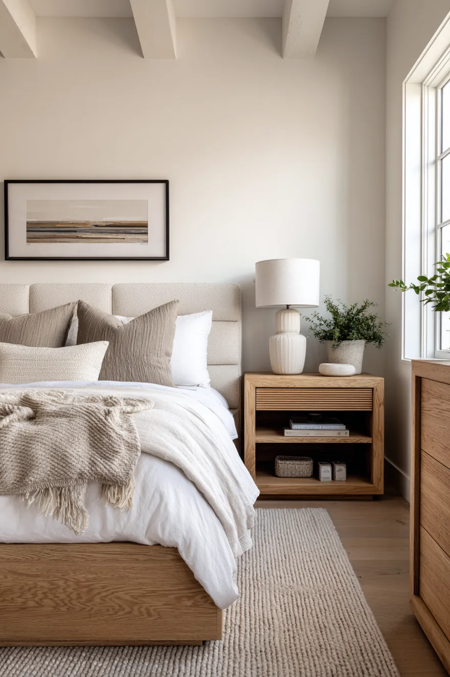 A beautifully styled bedroom focusing on high quality natural wood furniture, including a solid wood platform bed and a matching nightstand with a fluted drawer detail.