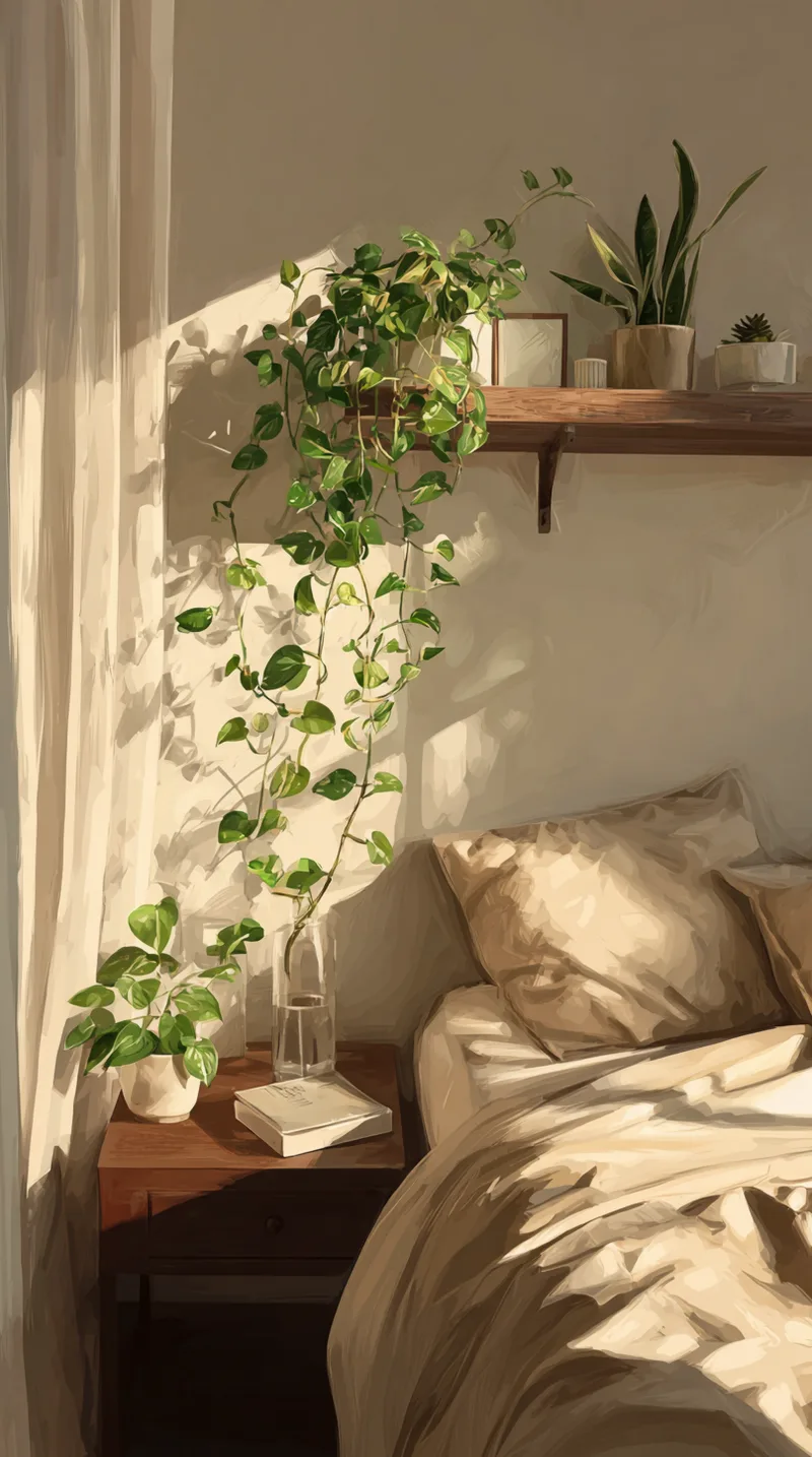Golden hour sunlight hitting a trailing pothos plant on a high shelf and potted plants on a wooden nightstand next to a bed.
