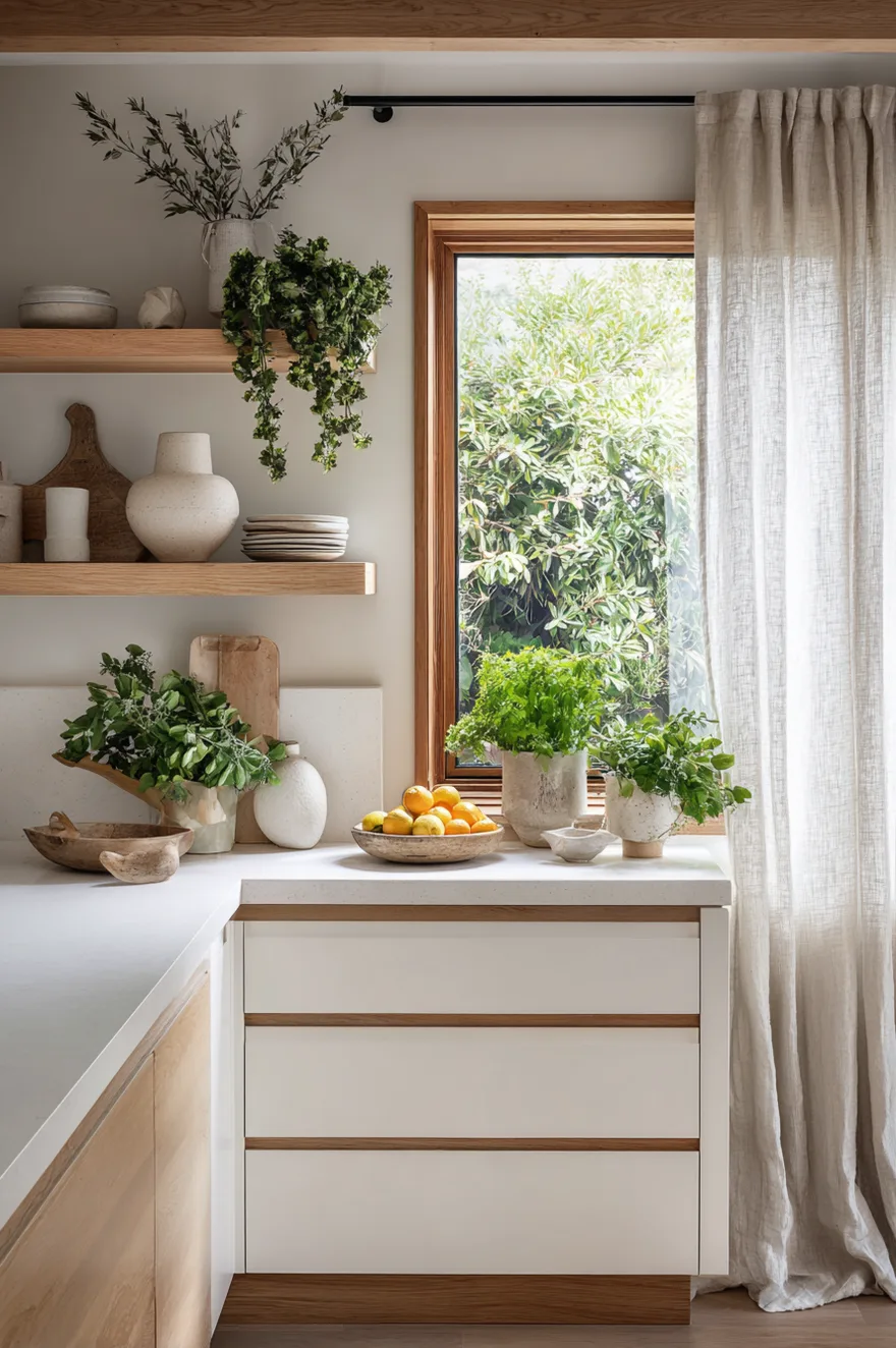 Kitchen counter styled with fresh herbs in pots, a fruit bowl, and a large wood framed window looking out to greenery.