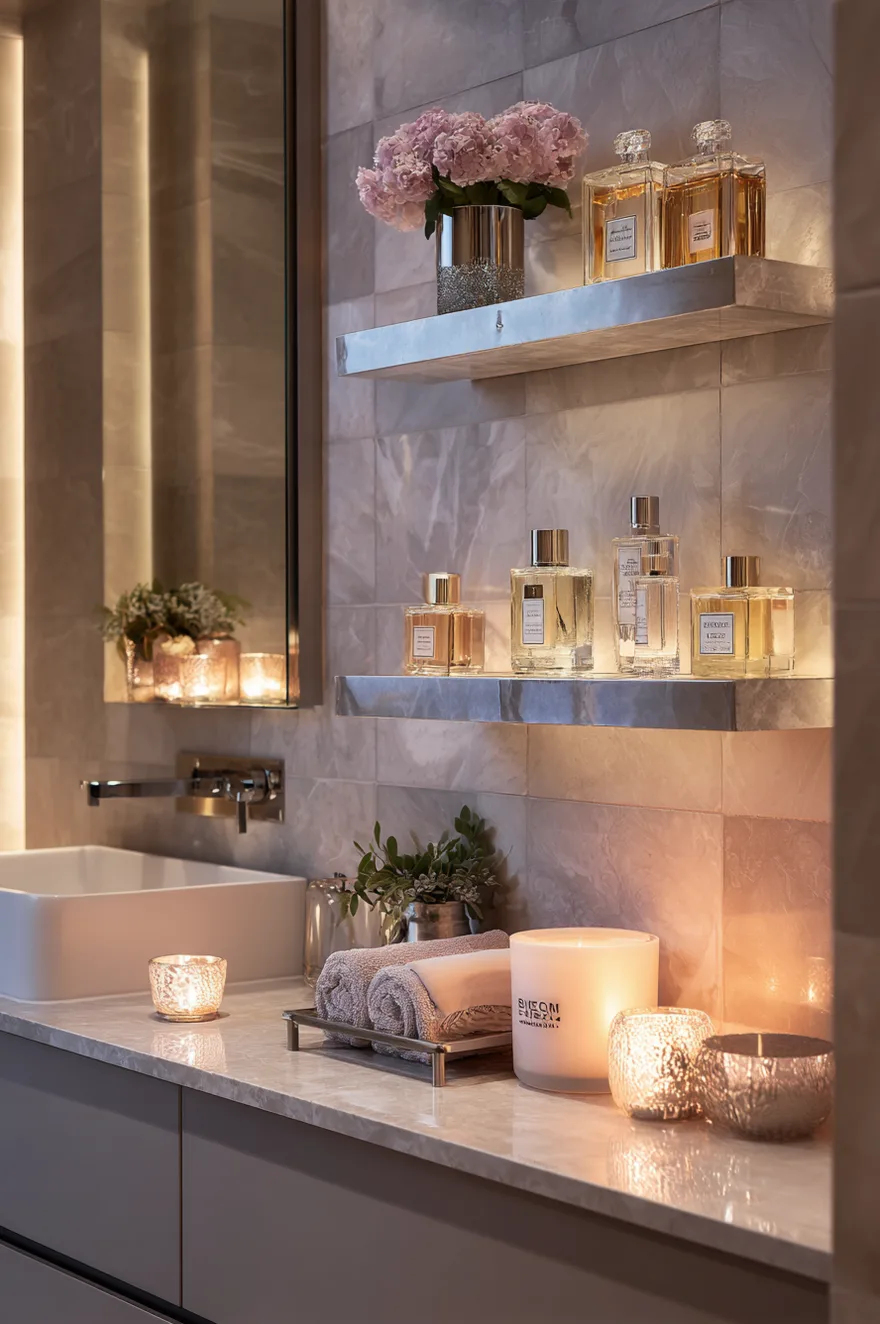 Marble floating shelves with integrated LED under-lighting holding perfume bottles and candles.
