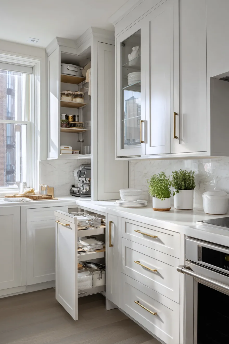 A narrow white pull-out pantry cabinet opened to reveal multiple shelves of spices and dry goods, situated between white lower kitchen cabinets, a stainless steel oven, and glass-front upper cabinets.