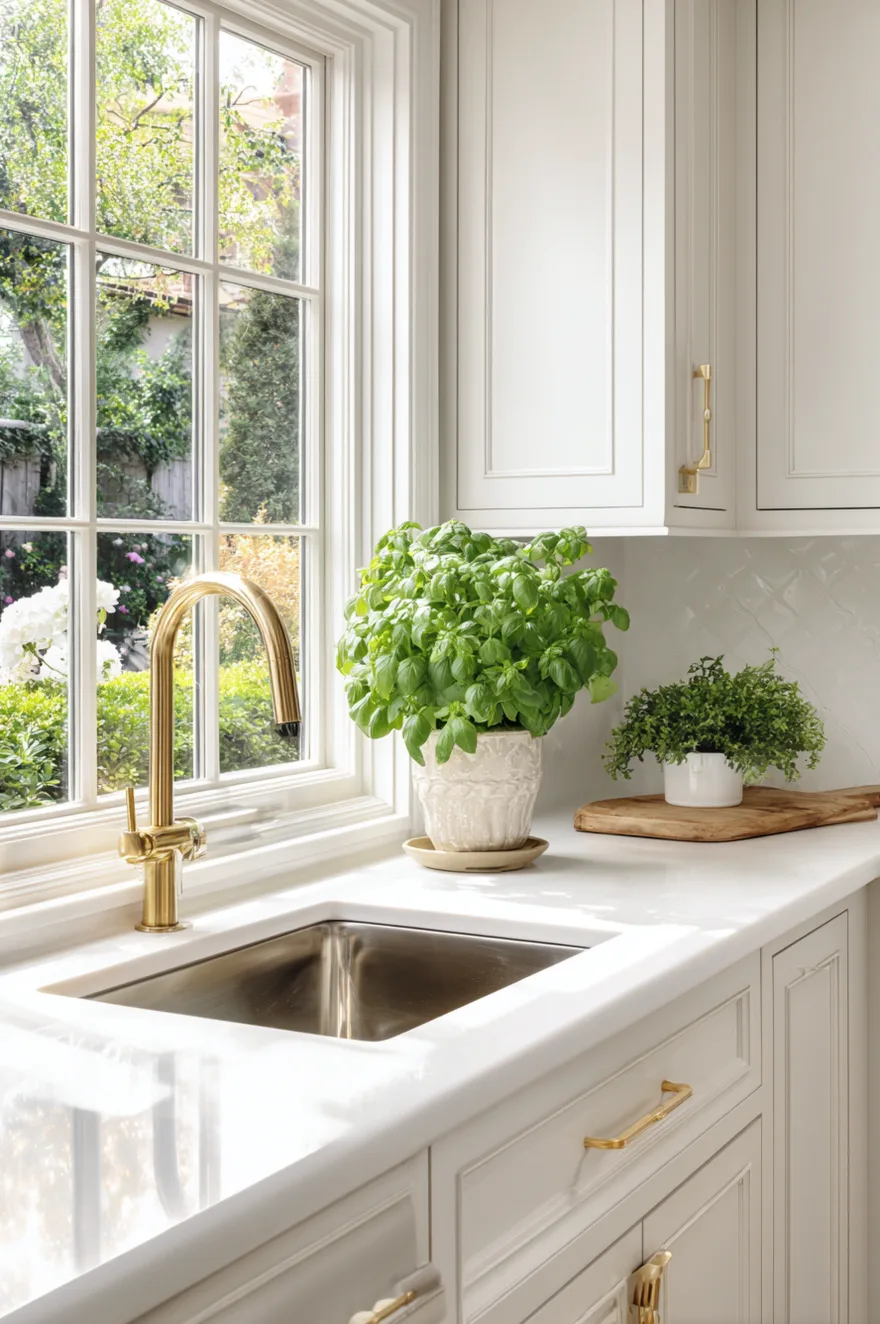 White undermount kitchen sink with a brushed gold pull-down faucet, set into white countertops alongside light green shaker cabinets and fresh potted basil by a window.