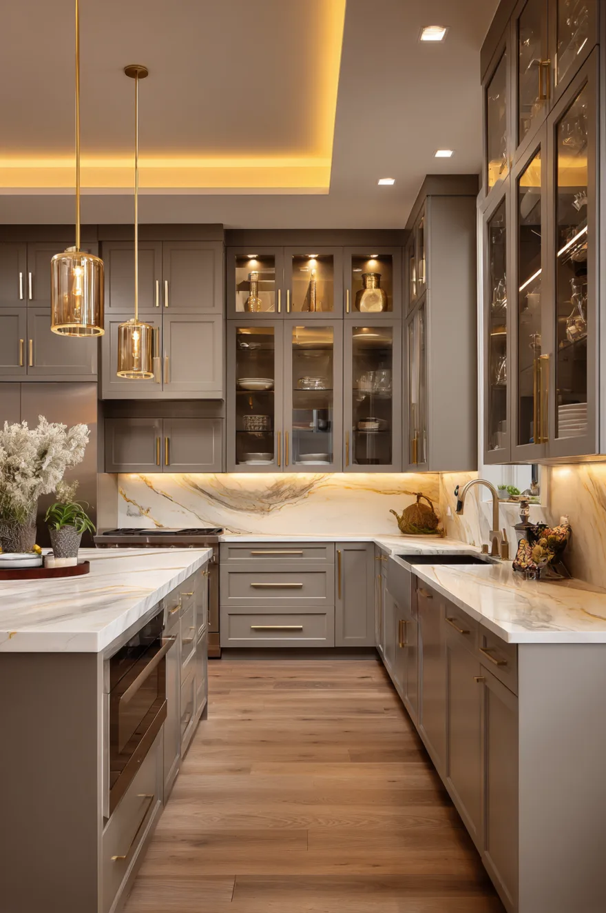 Warm smokey taupe flat-panel modern kitchen cabinets with recessed linear LED lighting installed along the ceiling perimeter casting a soft ambient glow.