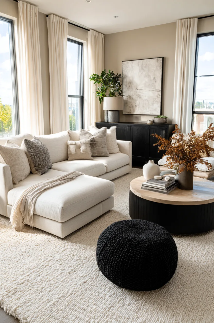 A high angle close up view looking down at a thick, textured chunky beige rug. The edge of a black coffee table and a beige sofa are resting on the rug.
