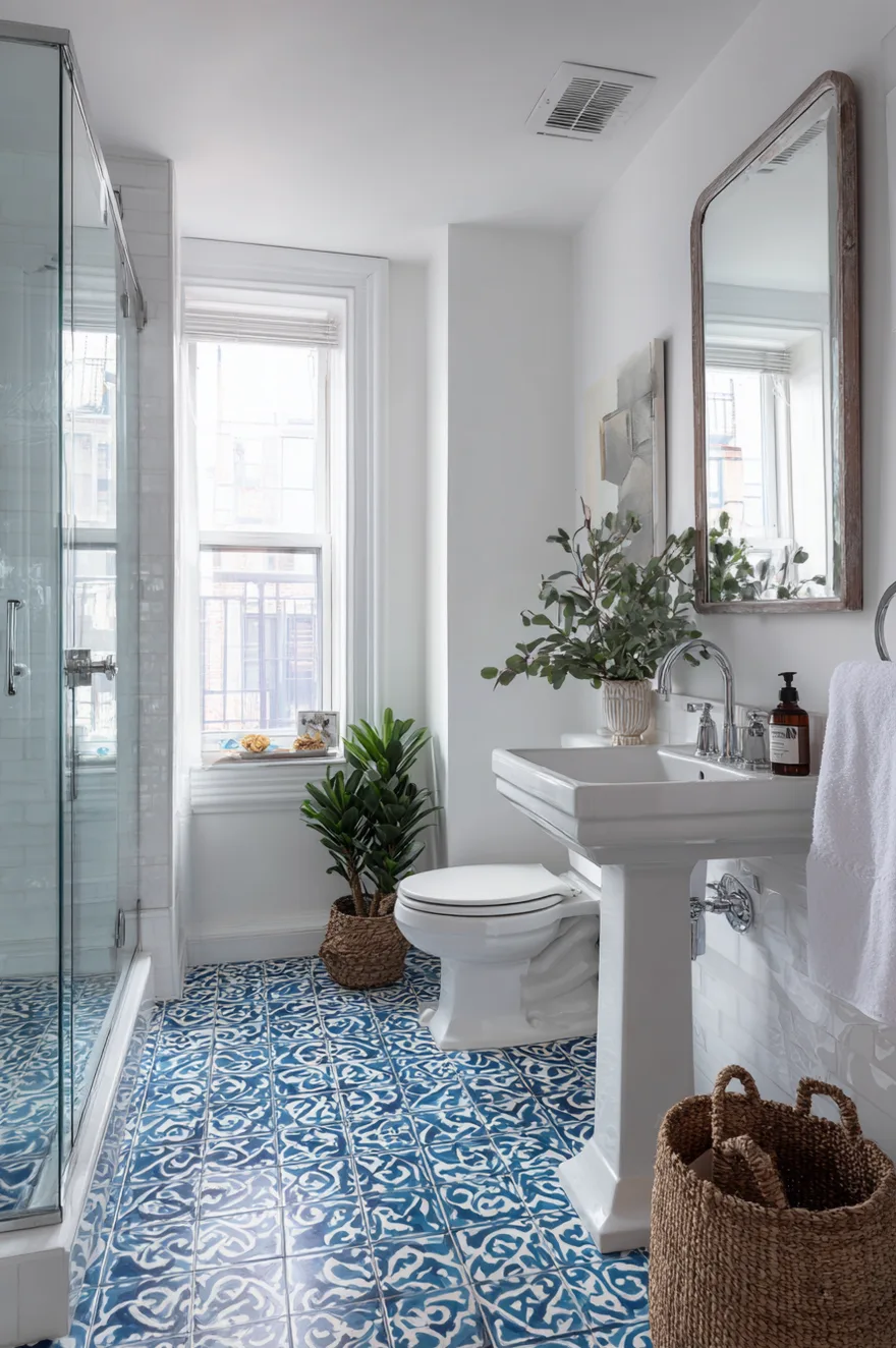 Highly patterned unique bathroom floor tiles featuring radiating geometric designs in blue, gold, and white hexagonal shapes next to a white freestanding clawfoot tub and a potted green plant in a terracotta pot.