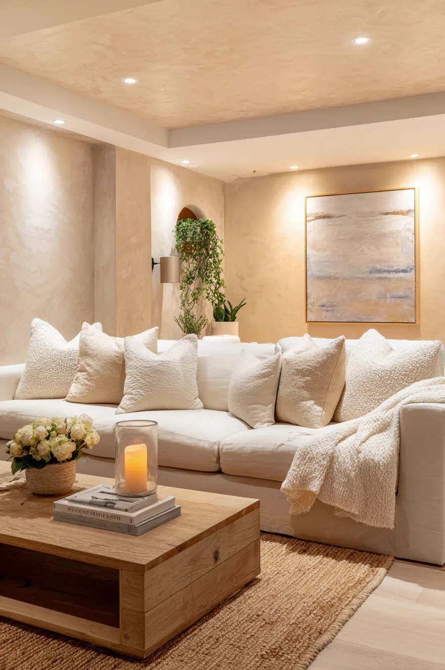 Cozy finished basement with ceiling and walls painted the same warm mushroom tone, cream linen sofa, jute rug, and warm-white recessed lights on a dimmer.