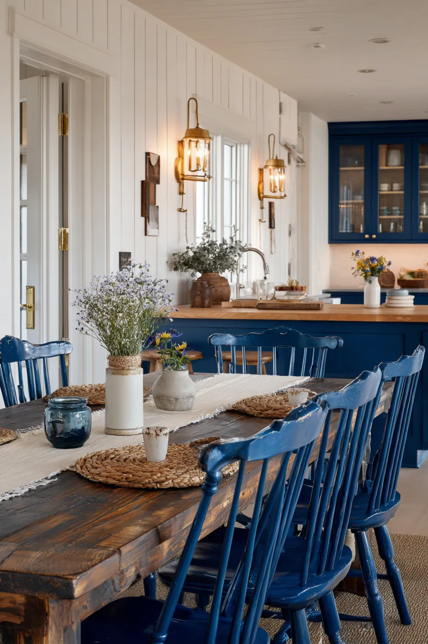 Mismatched secondhand wood chairs painted deep cobalt blue around a butcher block island with cream shiplap walls and warm brass sconces glowing at dusk.