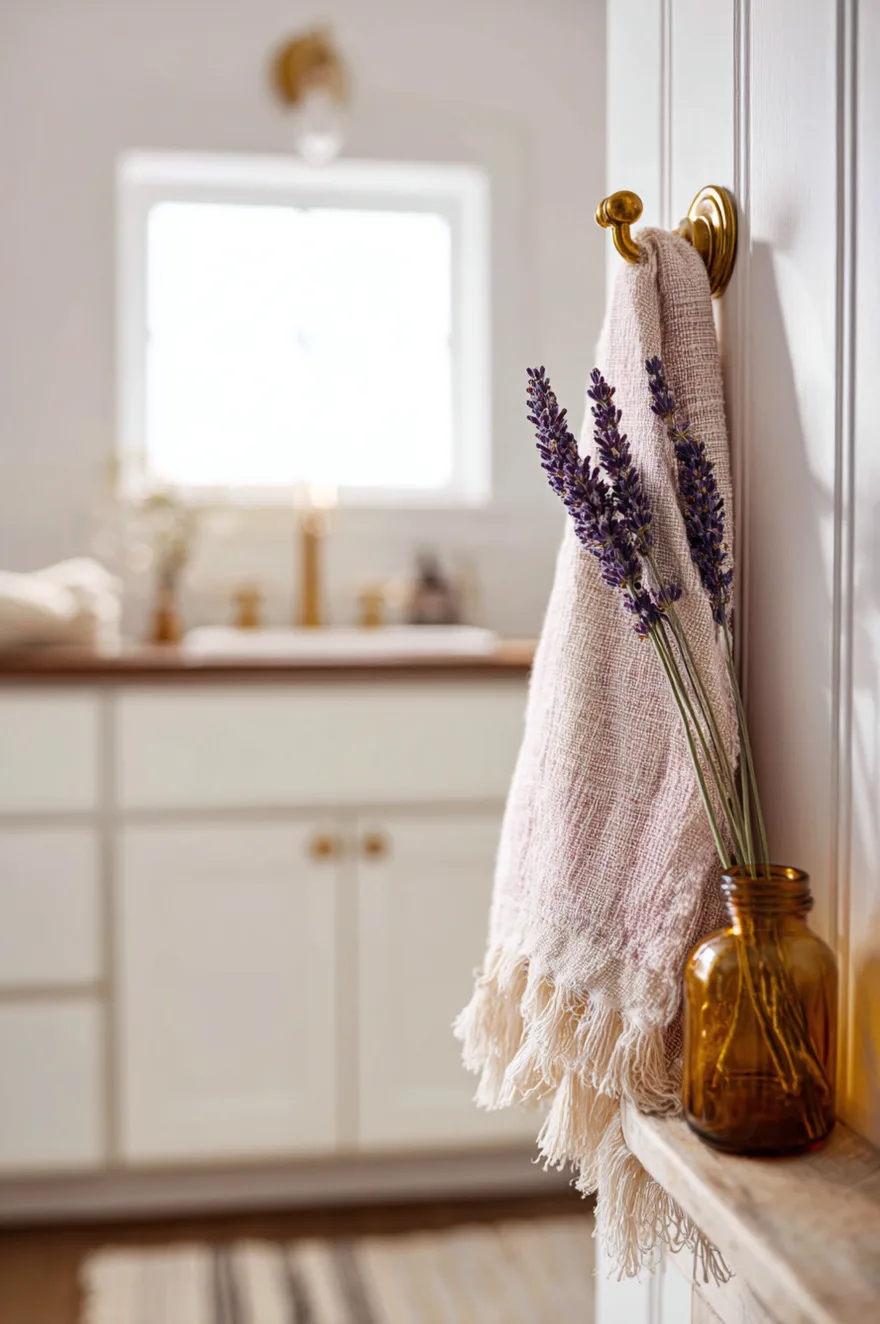 Close-up detail of an unlacquered brass hook with a folded fringe-edged linen hand towel and dried lavender stem against white painted shiplap, with a soft-focus farmhouse bathroom vanity visible in the background.