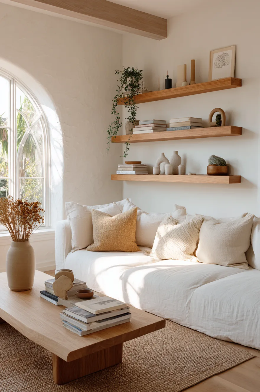 Warm minimalist living room with thick butcher block floating shelves on a soft white plaster wall, each shelf styled with a ceramic object, a small book stack, and a trailing plant above a low linen sofa.