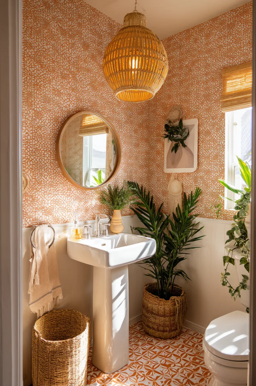Rental-friendly powder room with peel-and-stick Moroccan tile floor, removable grasscloth wallpaper, white pedestal sink, rattan pendant light, and warm terracotta and cream palette.