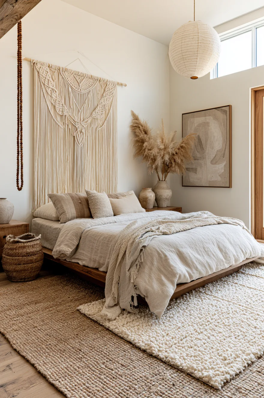 Large macrame yarn wall hanging above a low wood bed with beige linen sheets, layered over a woven jute rug and a white wool loop rug, featuring dried pampas grass in a vase.