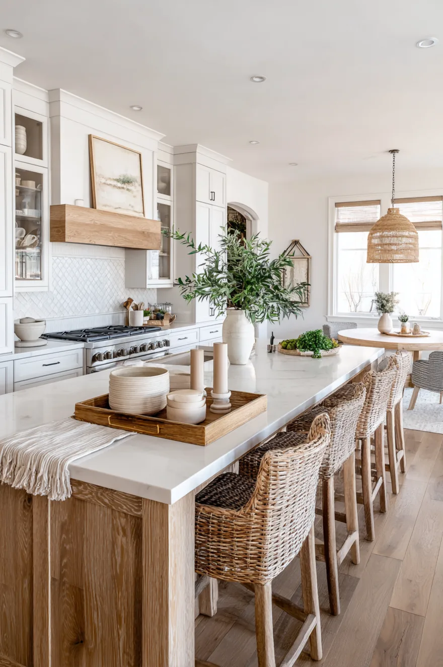 White plaster kitchen island with a honed white marble countertop, holding a shallow hand-carved wooden bowl, a pair of creamy ceramic mugs, and a single branch of olive leaves in a clear glass bottle.