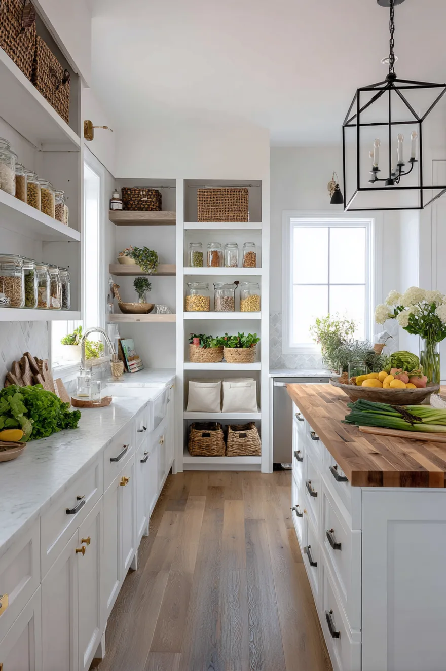 Floor-to-ceiling built-in white open pantry shelving displaying matching glass jars, woven baskets, and canvas bins, positioned next to a long wood butcher block kitchen island.