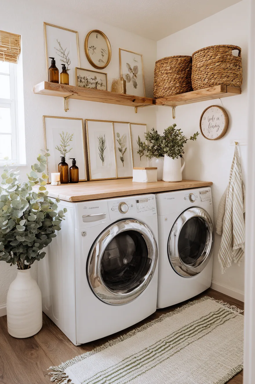 Laundry room shelf styled with a vintage clock, a small potted plant, and a scented candle.