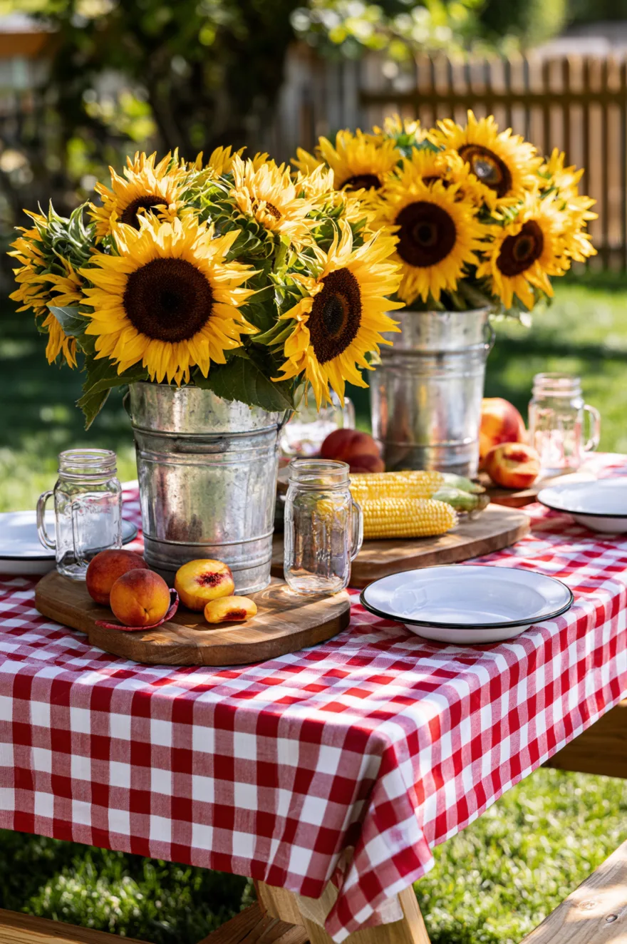 Casual backyard table set with classic red and navy gingham linens, mason jars, wooden serving boards, and galvanized metal buckets filled with bright yellow sunflowers.