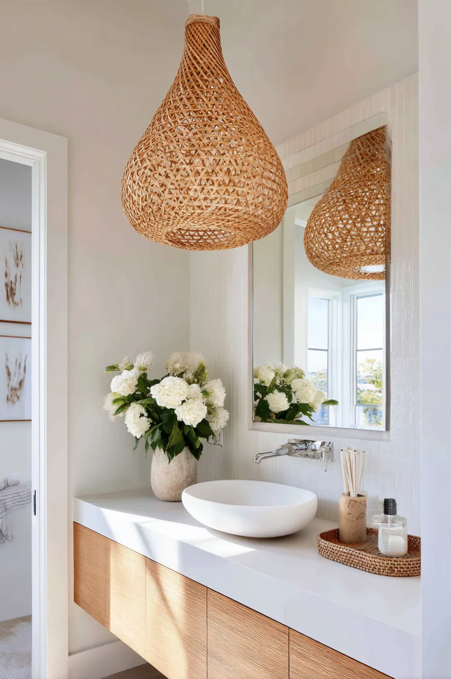 A bright guest bathroom featuring a light oak floating vanity with a white vessel sink, illuminated by a large teardrop shaped woven pendant light hanging in front of a rectangular mirror.